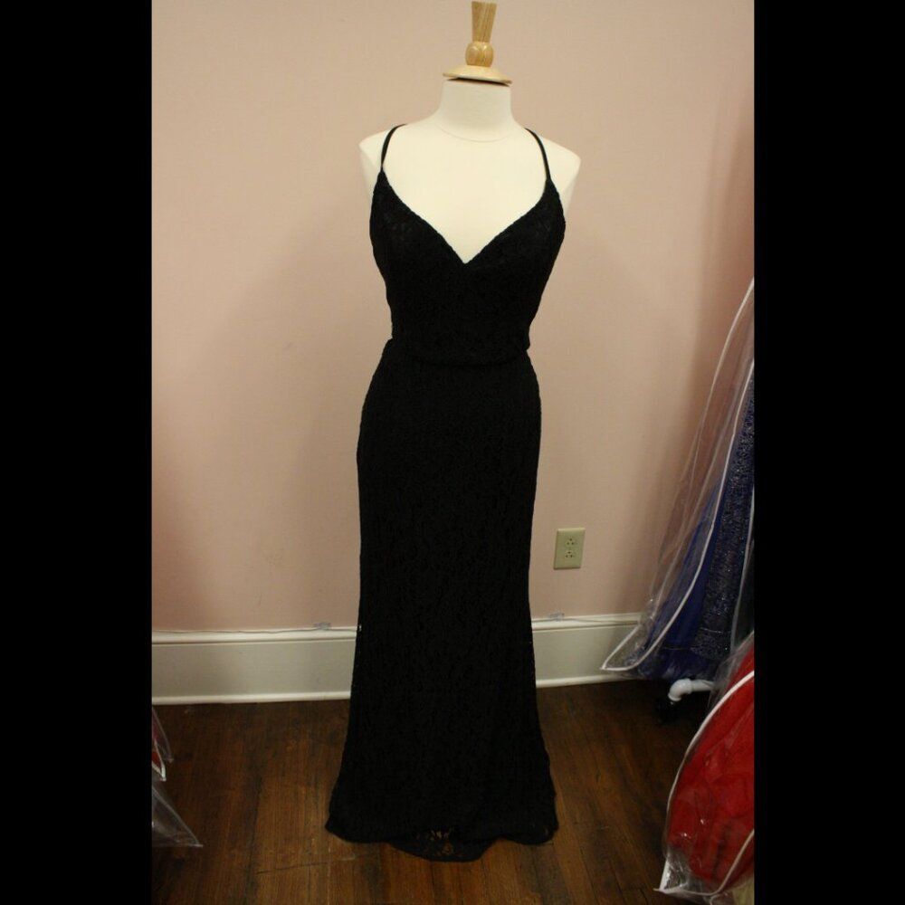 Hayley Paige Occasions 52202 Long Chiffon/Lace Bridesmaid Formal Black Dress